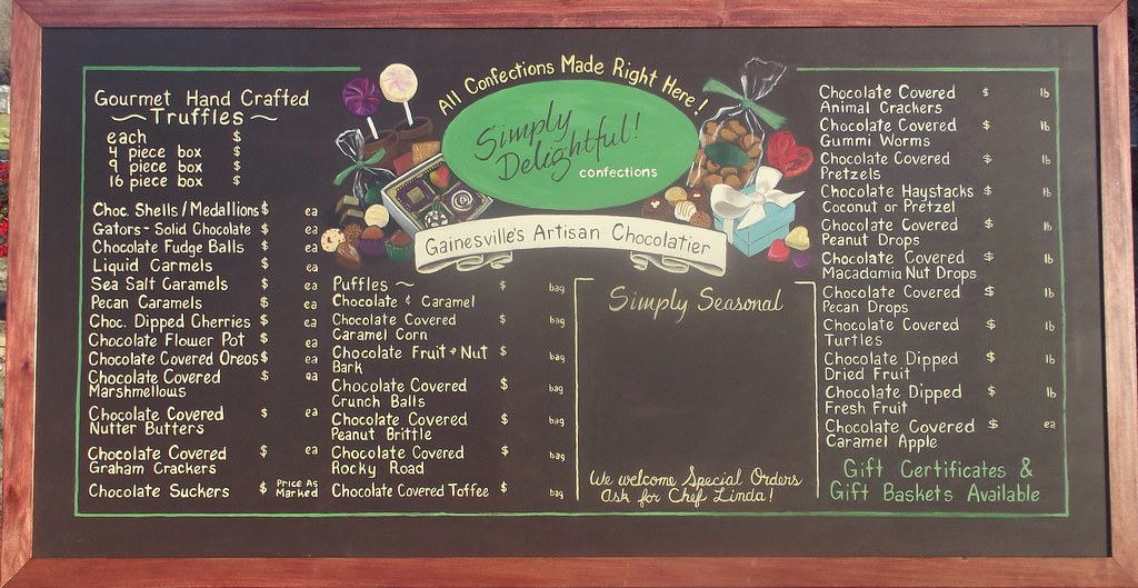 Menu board signage, black board with chalk menu items written and design drawn