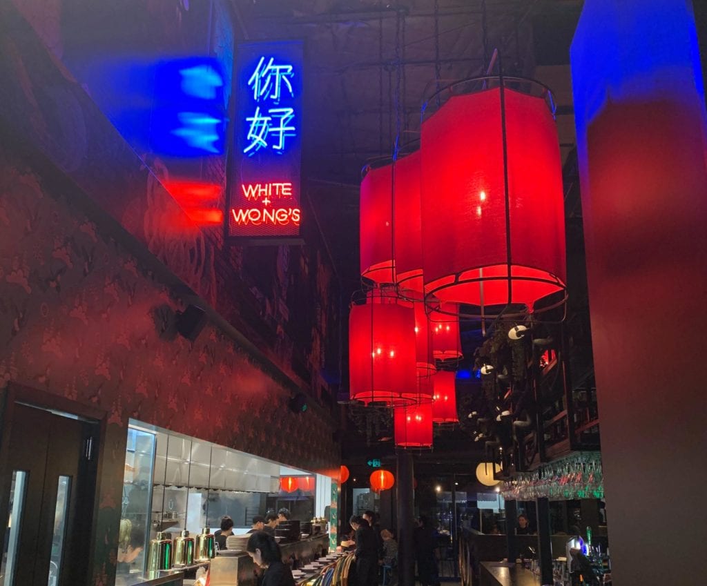 Interior Signage​ - Neon Sign for White and Wongs in Red and blue with large red hanging lampshades - Signwise Auckland