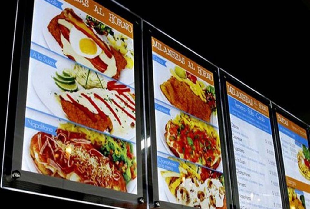 Display Menu board signage, lightbox menu with food items photos and information