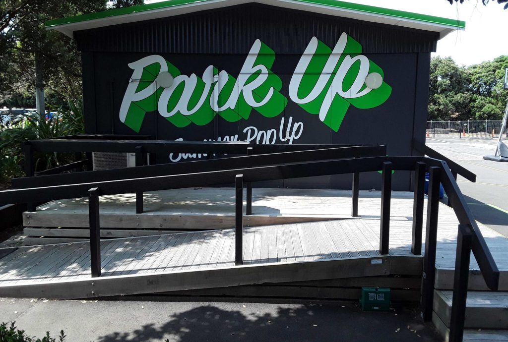 Exterior Signage - Sign Writing - Park Up pop up writing on building wall Signwise Auckland