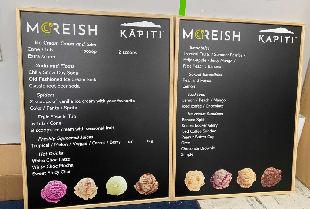 Signwise Auckland - Hospitality menu signage for Kapiti Icecream